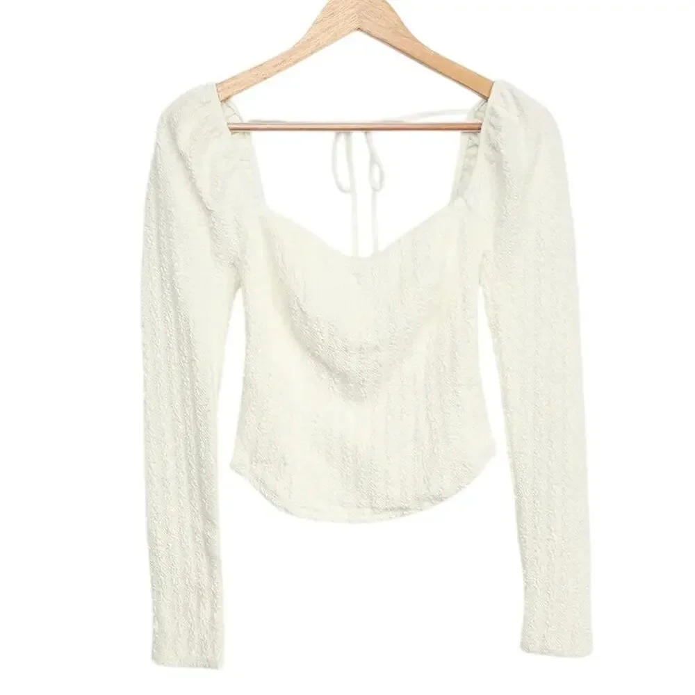 NWT FREE PEOPLE Brittany White Ribbed Puff Sleeve Top Large White Boho